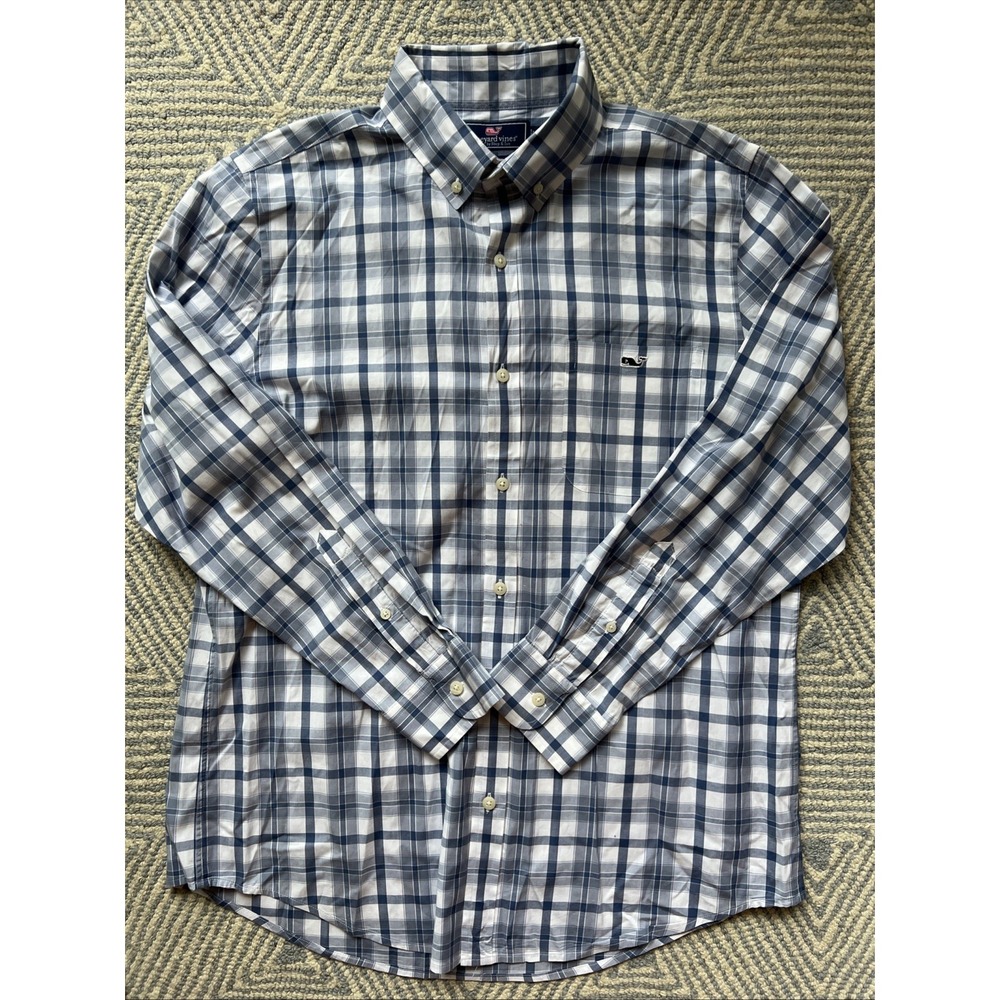 Vineyard Vines Slim Fit Tucker Shirt - Cotton/Spandex - White/Blue - Medium